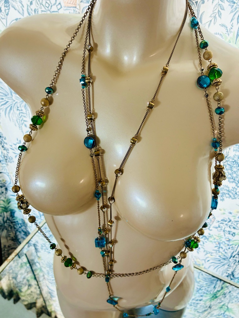 Long Blue Faceted Ab Bezeled Station Necklace 90s Jolly Rancher Toned Timeless 58$